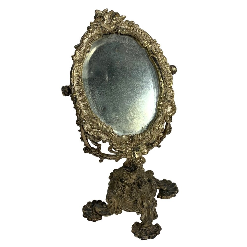 Antique Decorative French-Style Ornate Bronze Vanity Mirror Tilting Stand